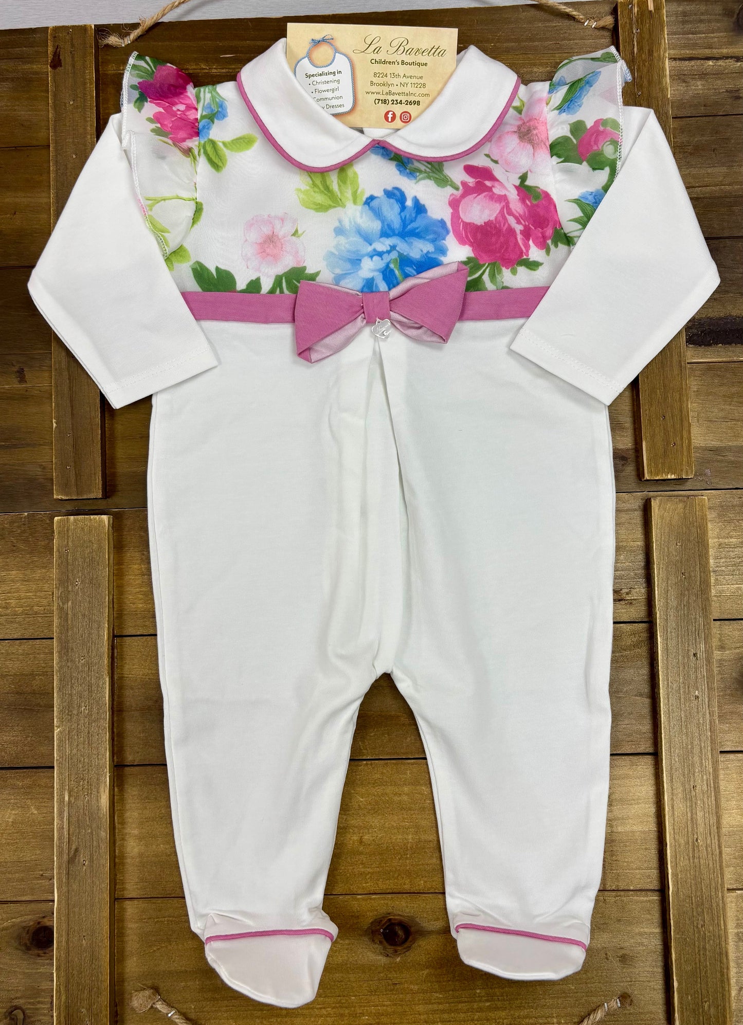 Baby Girl White & Pink Floral Footed Romper Made In Italy
