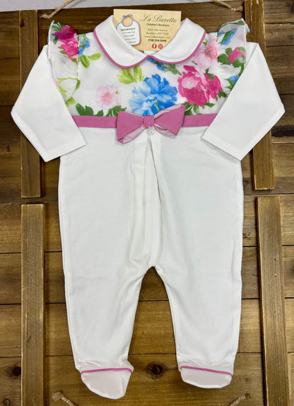 Baby Girl White & Pink Floral Footed Romper Made In Italy
