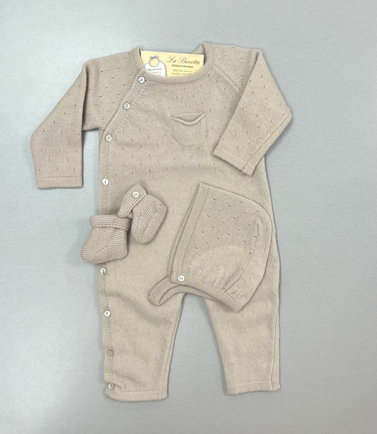 Knit Baby Layette Set – Romper, Bonnet & Booties