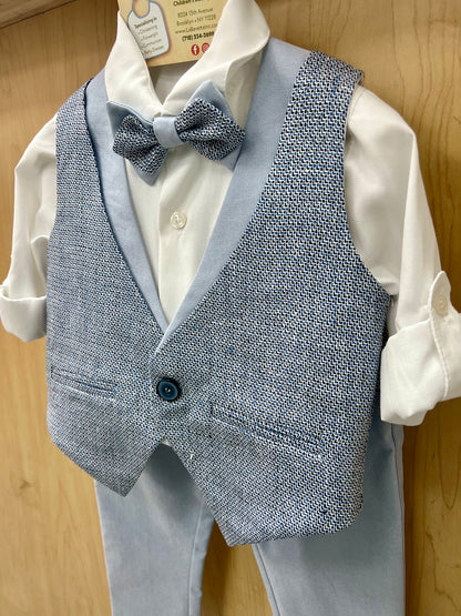Boys 4-Piece Formal Outfit Set – White Shirt, Textured Vest, Bow Tie & Light Blue Pants