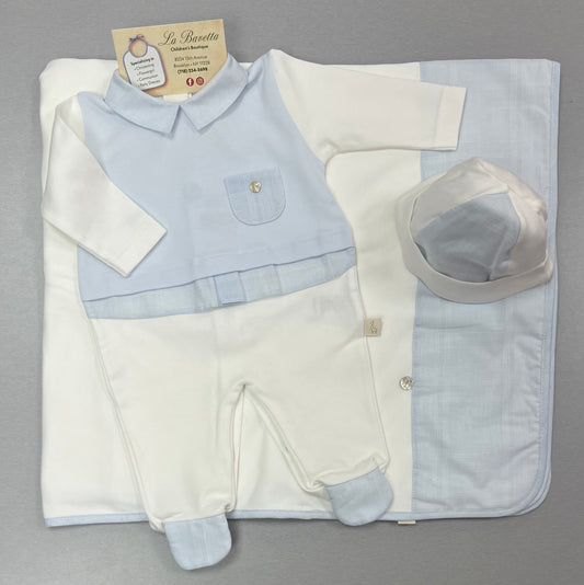 Baby Boy take me home 3-Piece cotton Set – Romper, Hat & Blanket