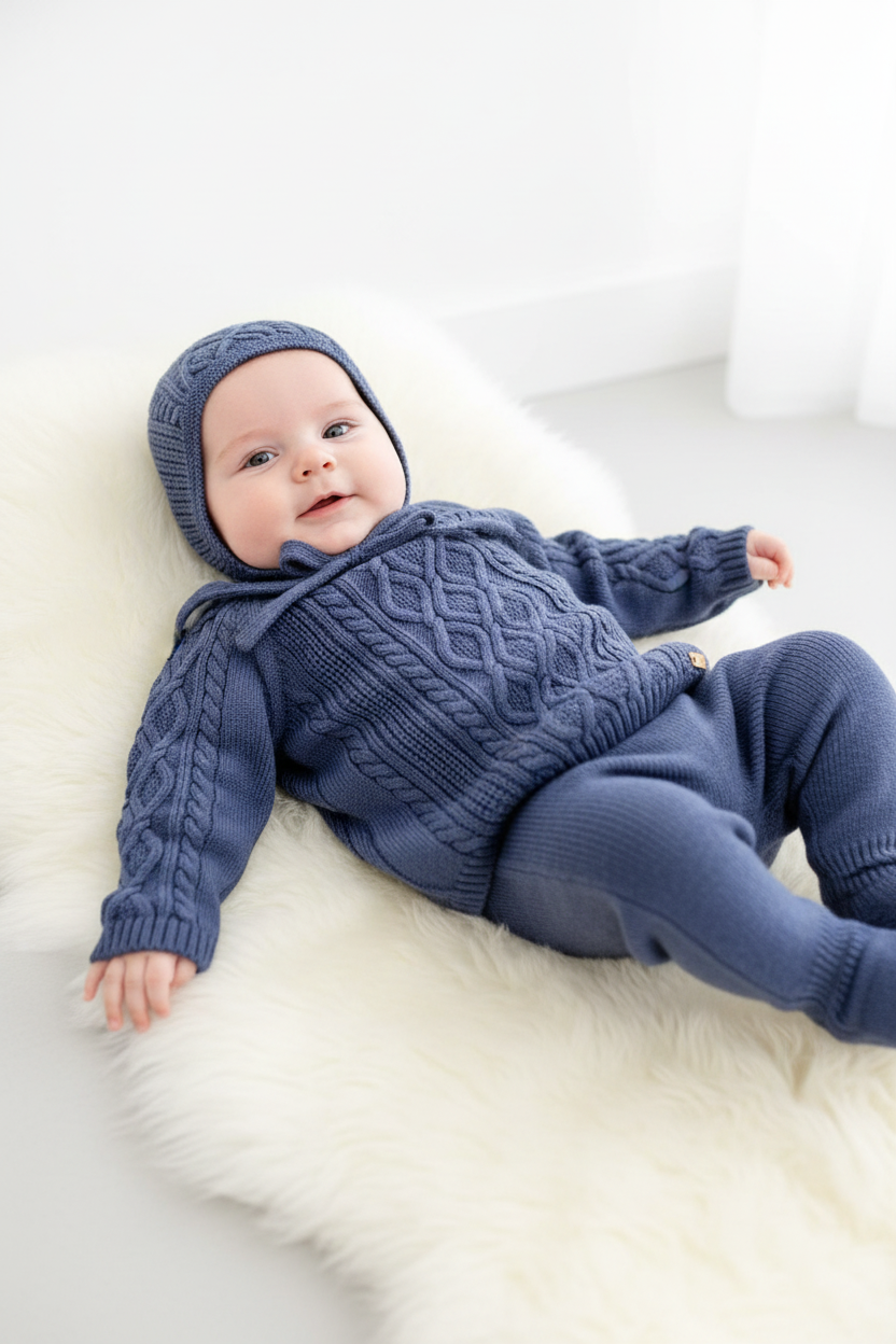 Cable knit midnight Blue pants set W/Bonnet
