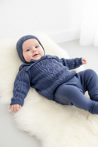 Cable knit midnight Blue pants set W/Bonnet