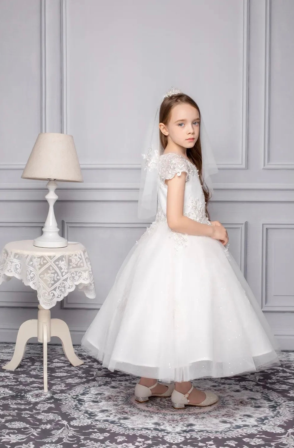 White  embroidered Bodice with cap sleeve communion Dress