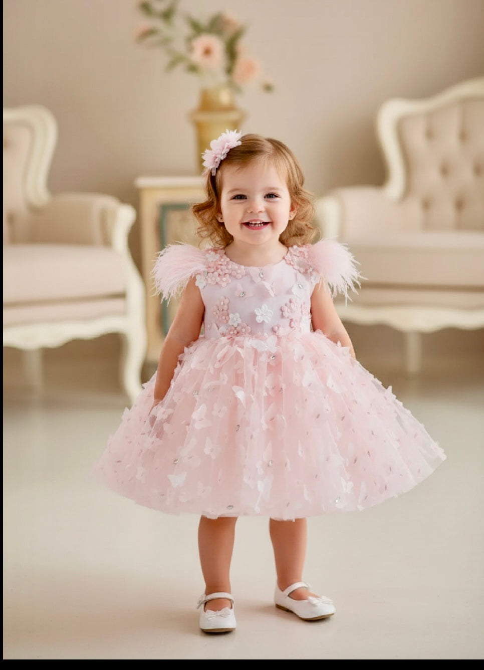 Petal Dream party Dress – Pink Feather & Floral Baby Girl Gown