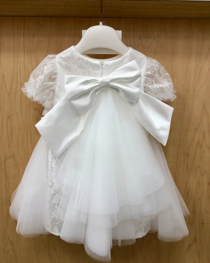 Lace short christening dress/ with removable train made in Italy