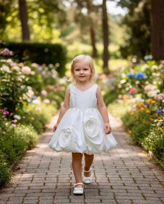 Ivory Rose Petal Bubble Dress with Bow Back |Flower Girl Dress