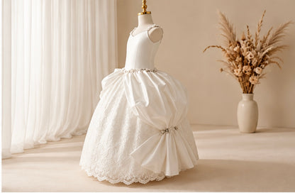 Sabrina - Girls’ Silk Floral-Trim Lace communion Gown with Draped Skirt
