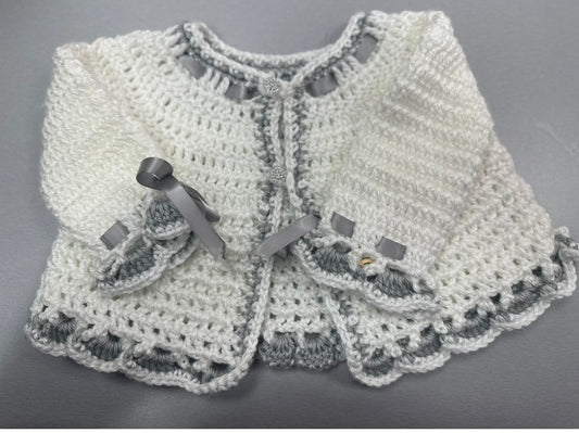 Baby Girls Hand crochet sweater w/hat grey and white