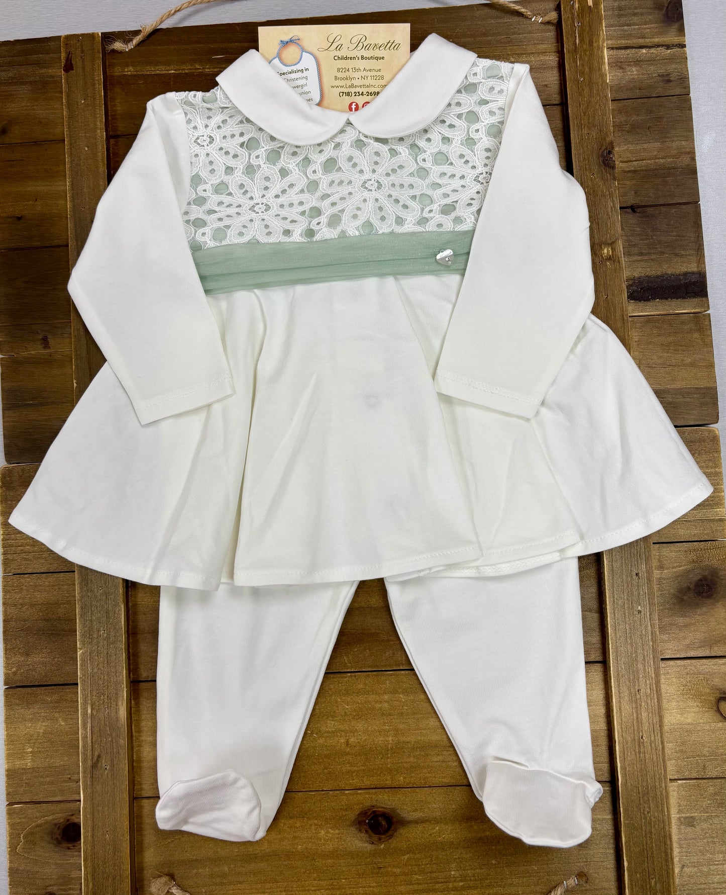 Baby Girl Ivory & Sage Lace Two-Piece Set Made In Italy