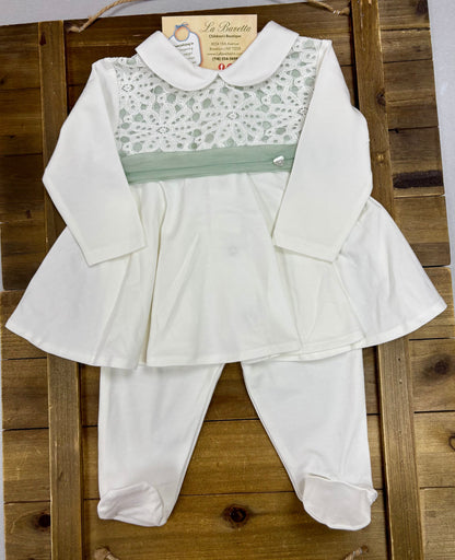 Baby Girl Ivory & Sage Lace Two-Piece Set Made In Italy