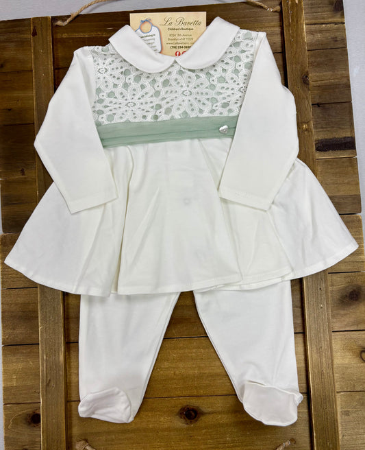 Baby Girl Ivory & Sage Lace Two-Piece Set Made In Italy