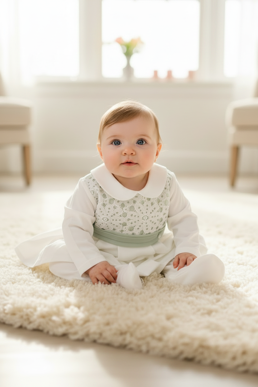 Baby Girl Ivory & Sage Lace Two-Piece Set Made In Italy