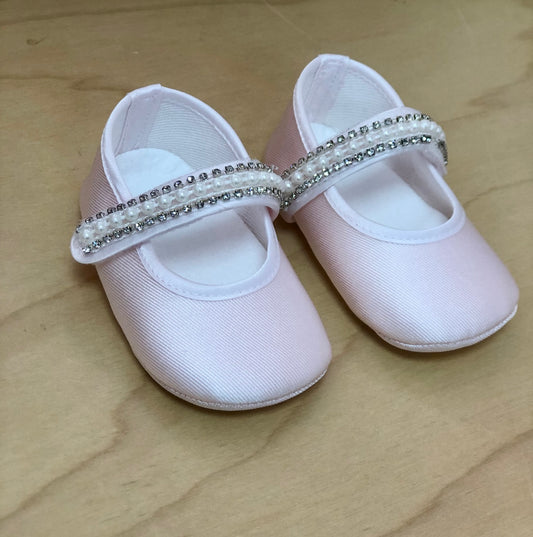 Baby Girls Pink Soft Shoes With pearls and Rhinestones Made In Italy