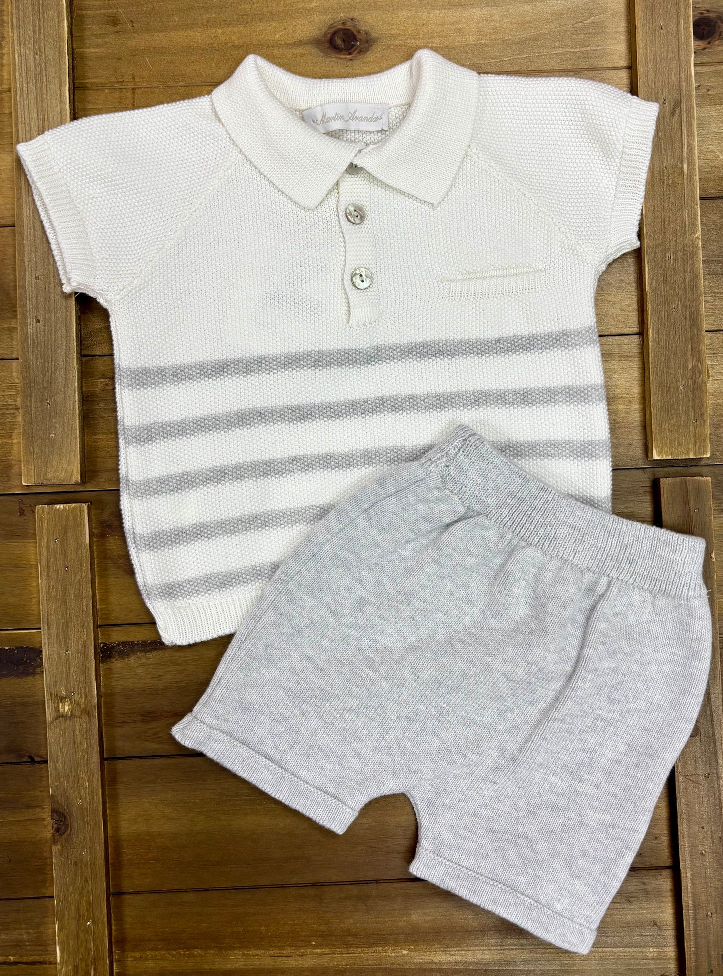 Baby Boy Ivory & Beige Striped Knit Polo Set