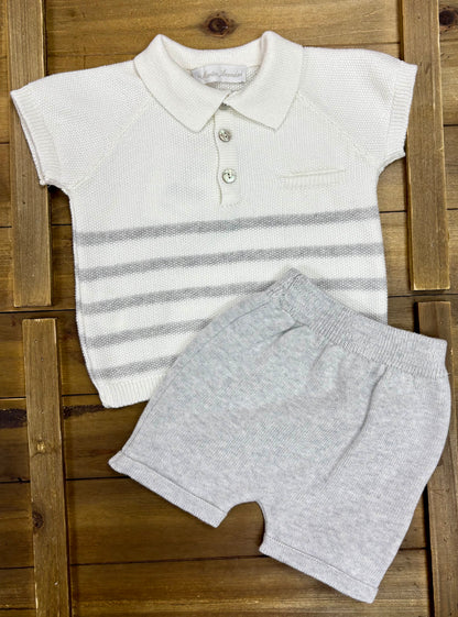Baby Boy Ivory & Beige Striped Knit Polo Set
