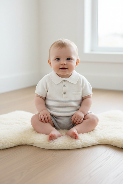 Baby Boy Ivory & Beige Striped Knit Polo Set