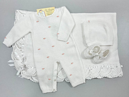 Girls Cotton knit white with pink embroidered flowers  Take me home set