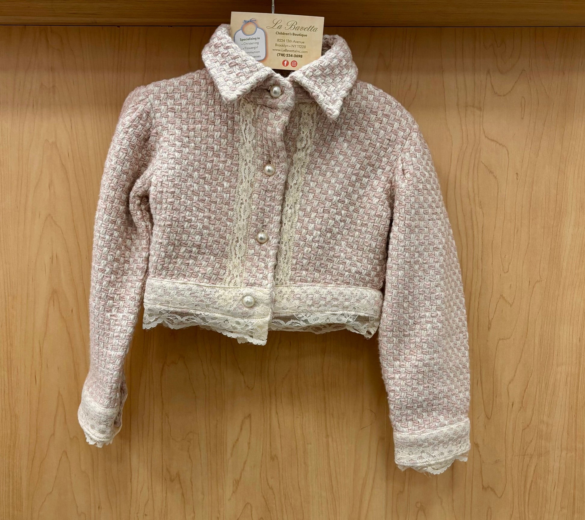 Girls pink tweed jacket with pearl buttons and lace trim