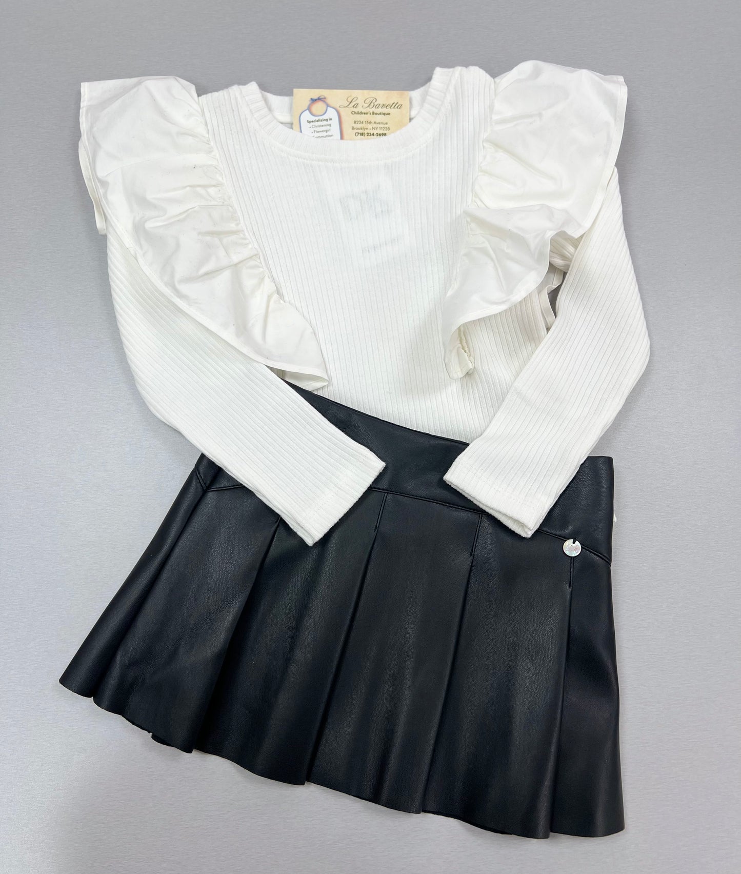 Black leather skirt set with white top DK405