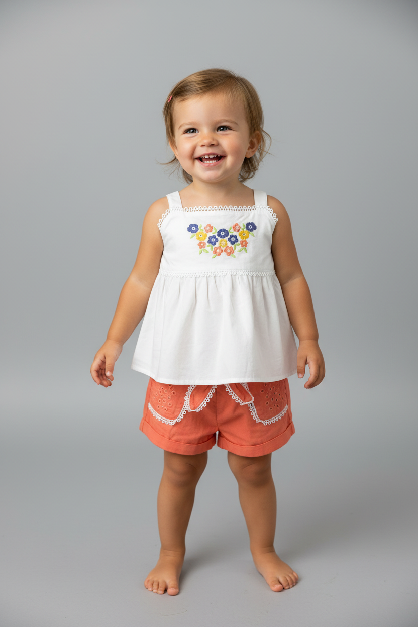 Embroidered floral top & shorts set 200627400