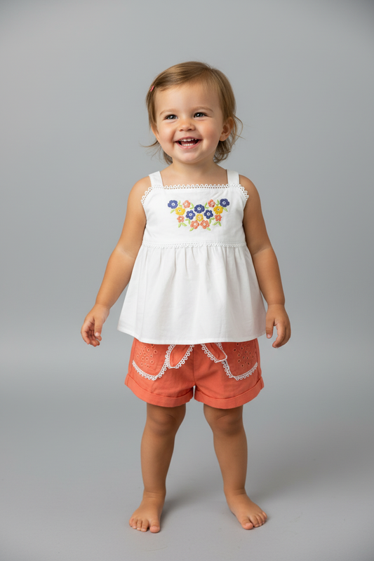 Embroidered floral top & shorts set 200627400