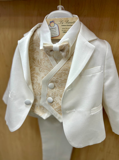 Light Ivory & Gold 6pc Christening suit with Brocaded vest