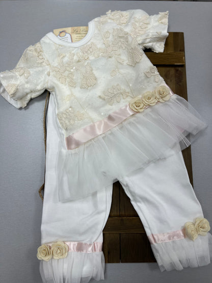 2pc baby girls ivory/Pink  cotton lace pants set