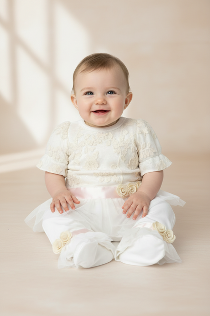 2pc baby girls ivory/Pink  cotton lace pants set