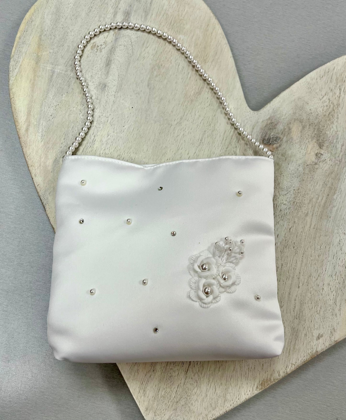 Satin communion purse with 3D side flowers