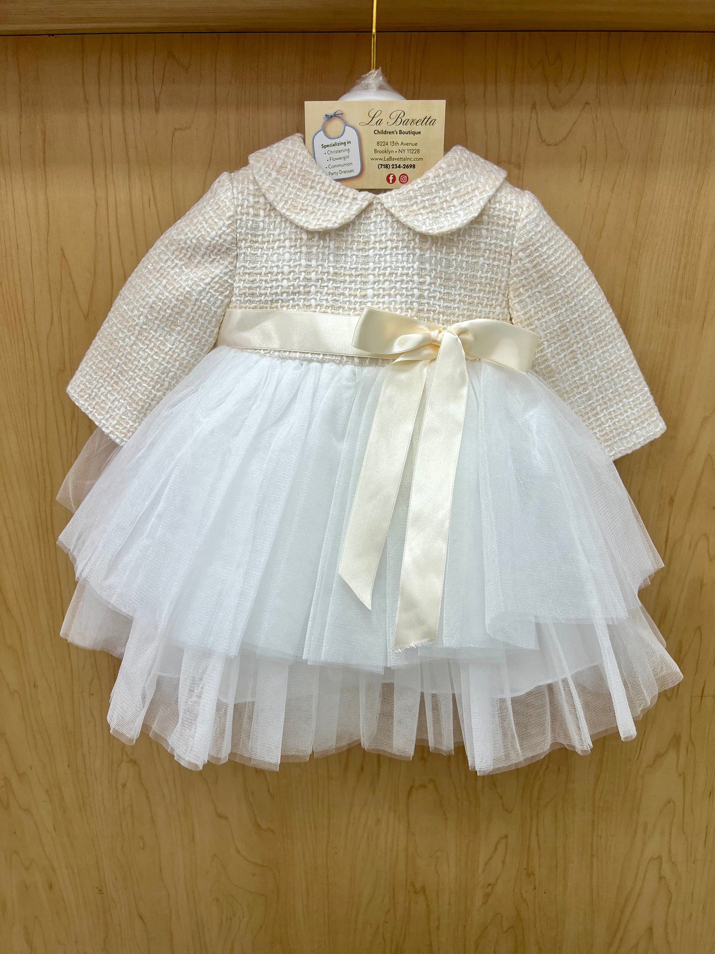 Girls Ivory Tweed & Tulle Dress Made In Italy