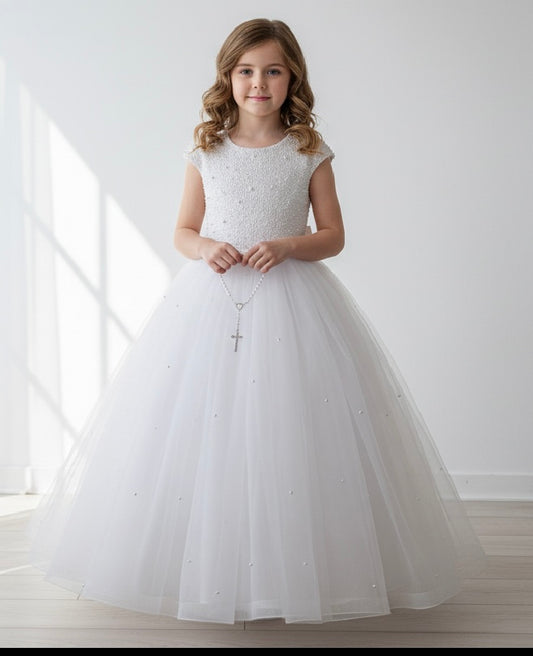 Pearl Top-Tulle Bottom  Communion Dress