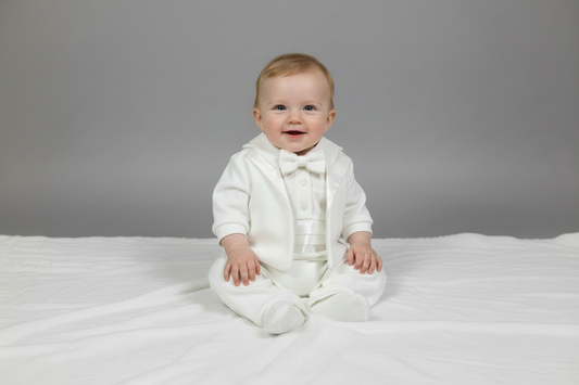 Bimbalo Boys’ One Piece white Velvet Tuxedo Jumper With matching hat
