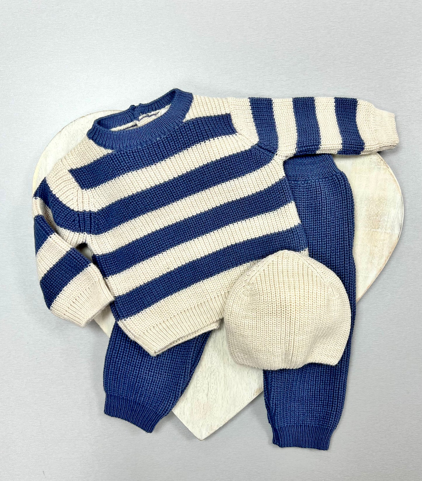 Blue and cream Baby Boy soft knit pants set w/Hat
