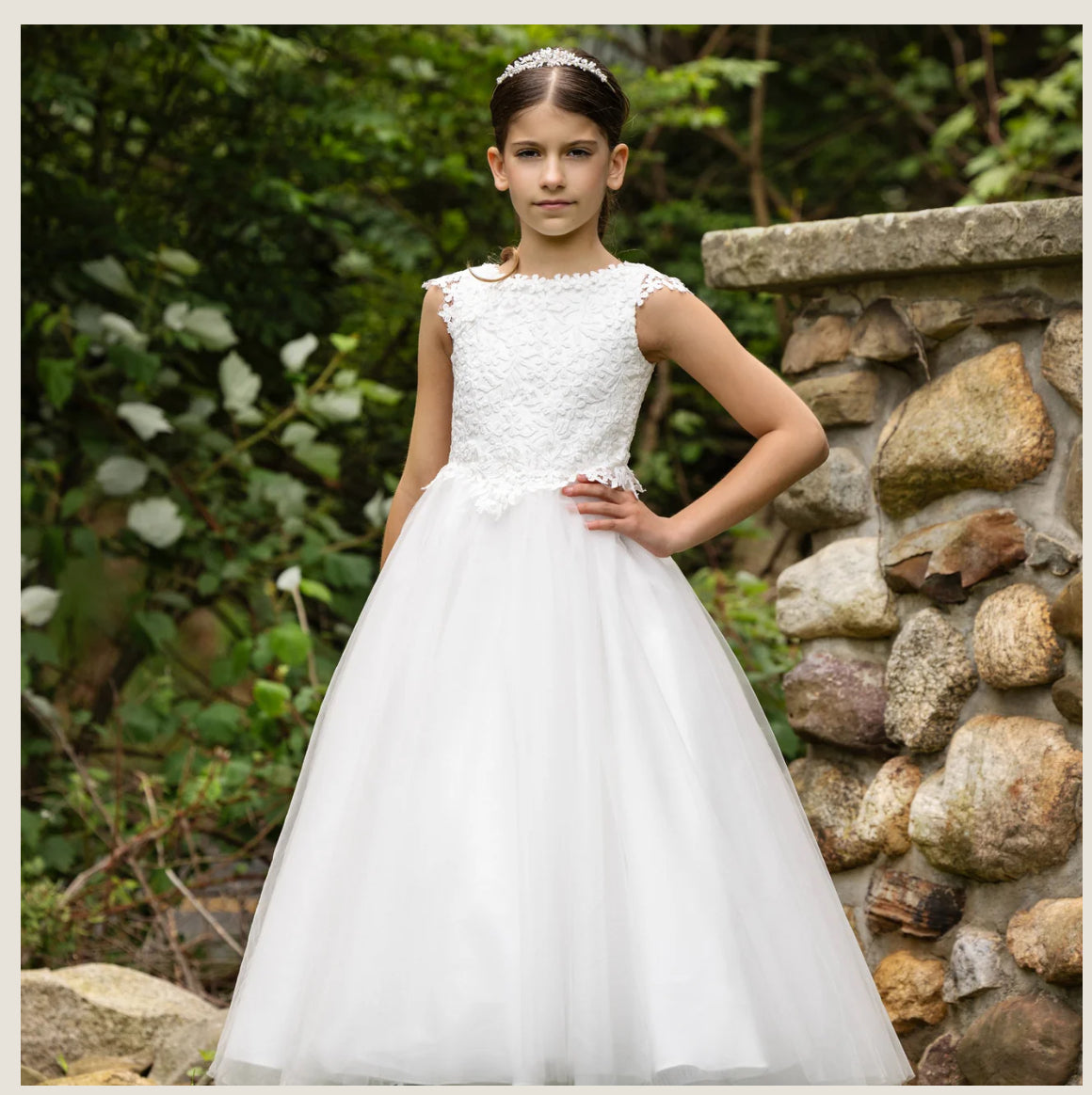 Diamond White Cap Sleeve Venise Lace
Communion Dress