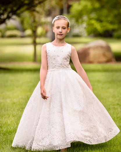 Communion Dress With Rose Design all over lace with beading