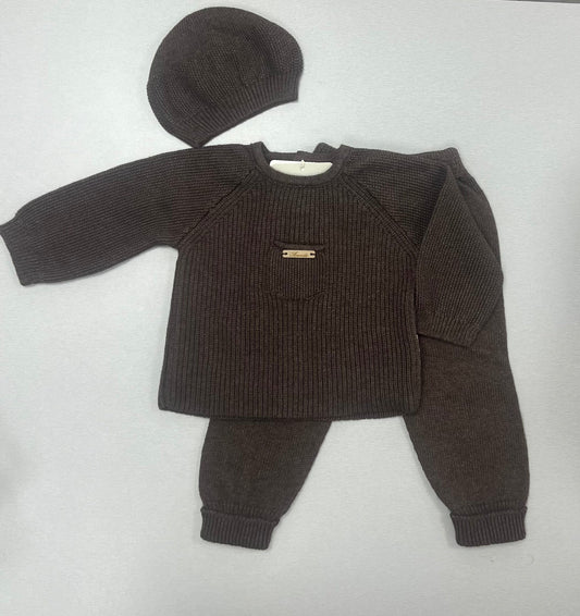 Baby Ribbed Knit 3-Piece Set – Chocolate Brown
