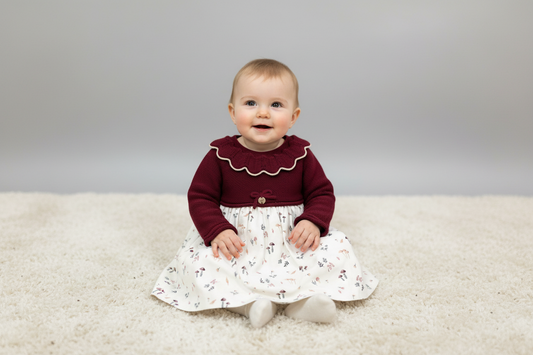 Burgundy & ivory  cotton knit Baby dress