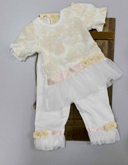 2pc baby girls ivory/Pink  cotton lace pants set