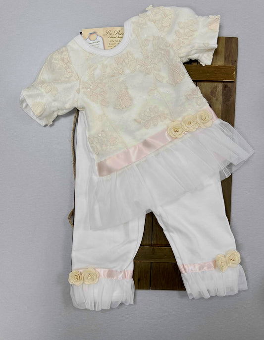 2pc baby girls ivory/Pink  cotton lace pants set