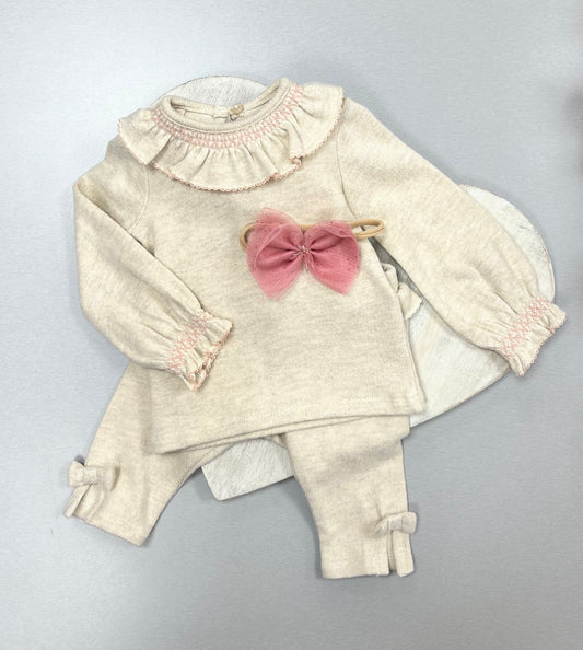 Cream Baby Girls soft pants set with Blush pink accents
