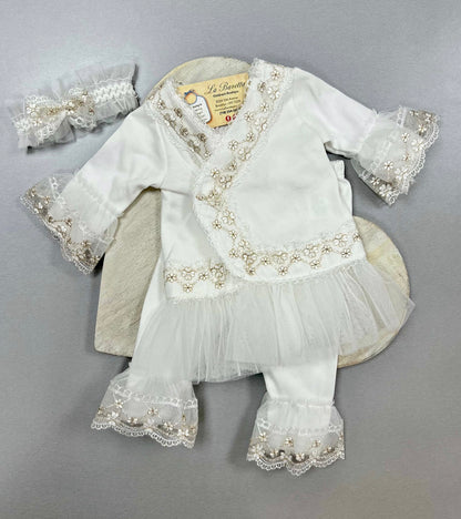 3pc baby girls ivory and gold embroidered pants  set
