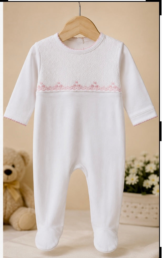 White Smocked Baby Footie with Pink Embroidery