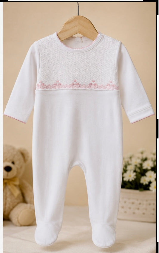 White Smocked Baby Footie with Pink Embroidery