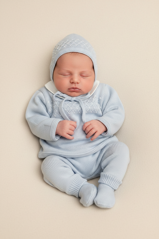 Powder Blue Knit Baby Set – 3-Piece Outfit with Cap, Top & Bottom