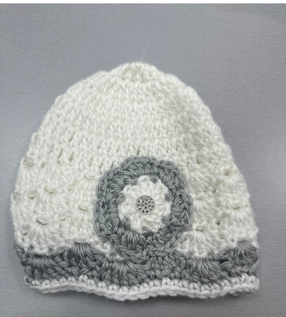 Baby Girls Hand crochet sweater w/hat grey and white