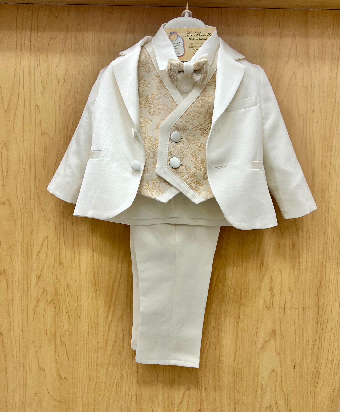 Light Ivory & Gold 6pc Christening suit with Brocaded vest