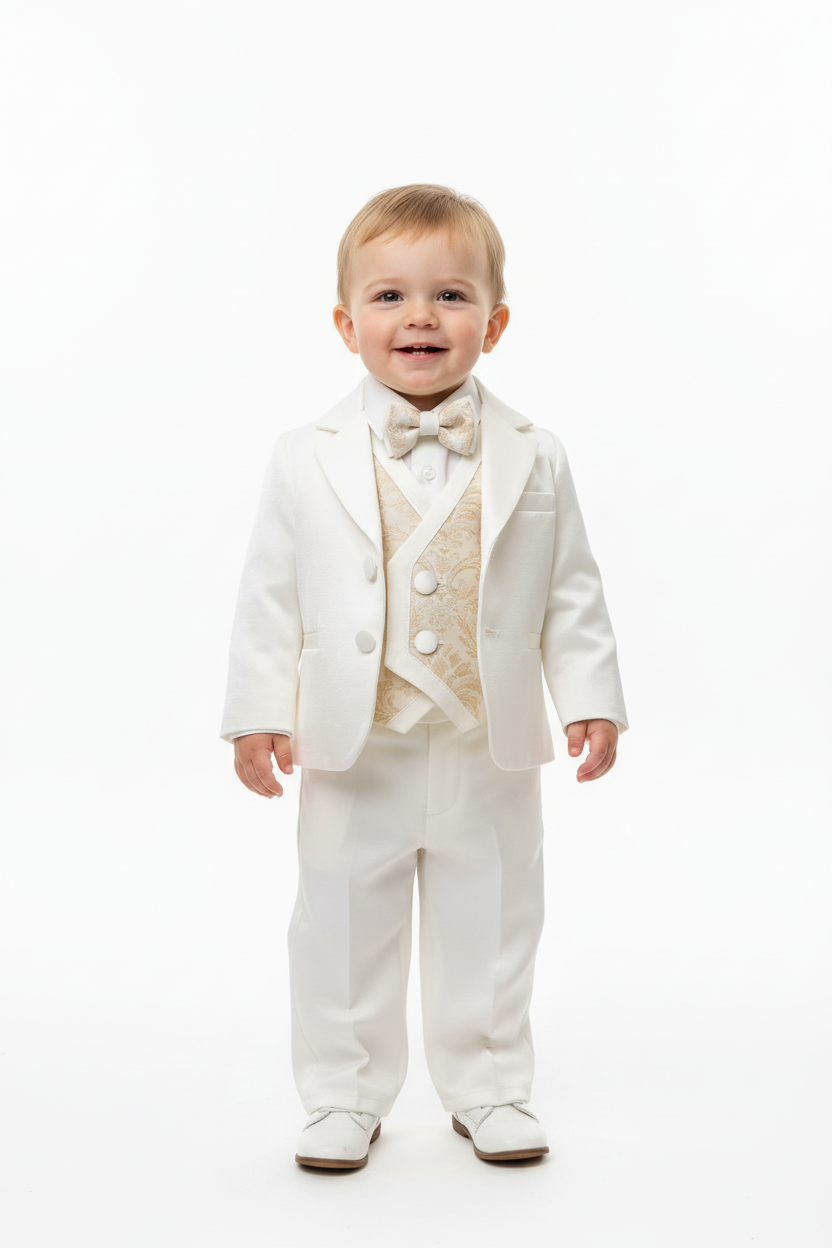 Light Ivory & Gold 6pc Christening suit with Brocaded vest