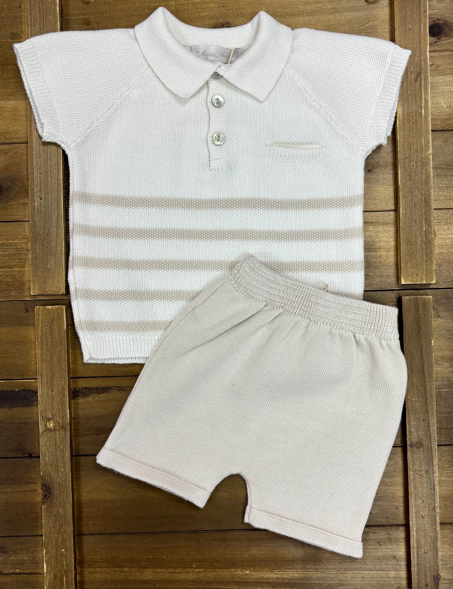 Baby Boy Ivory & Beige Striped Knit Polo Set