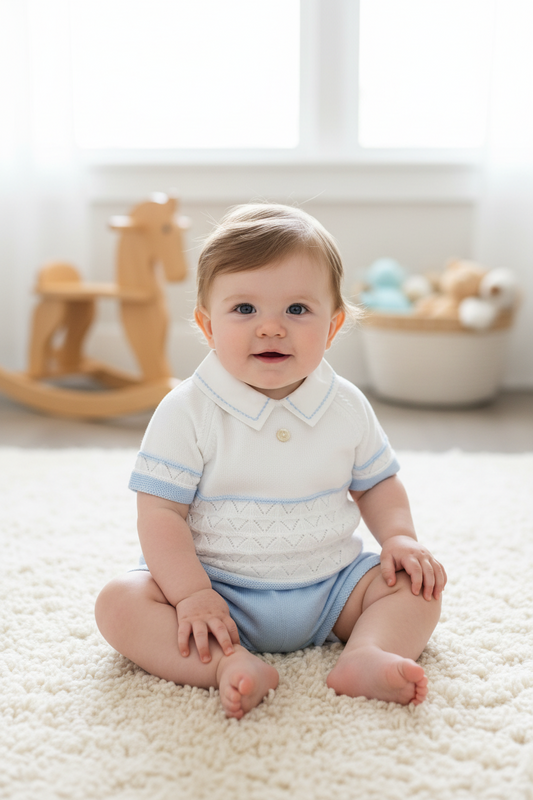 Baby Boy 2pc cotton knit blue and white shorts set